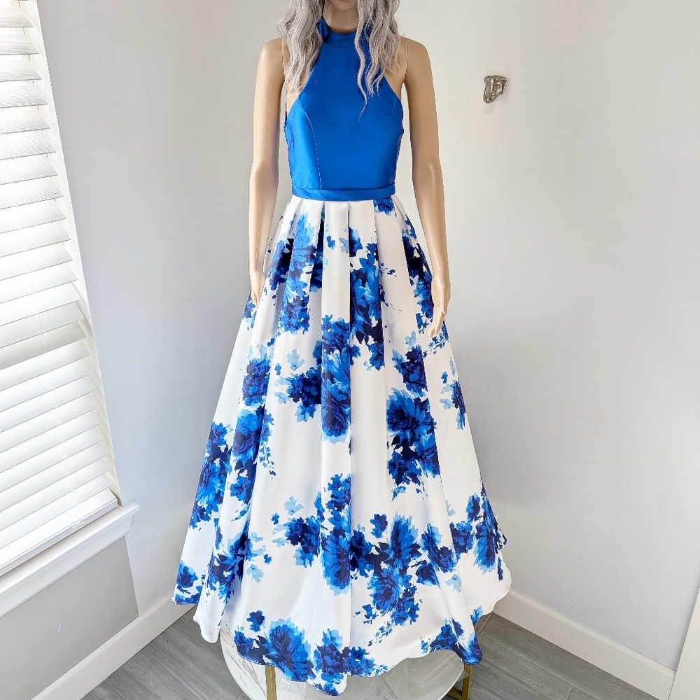 NIGHT STUDIO Royal Blue Floral Halter Ball Gown Bodice Maxi Dress TALL Size 2